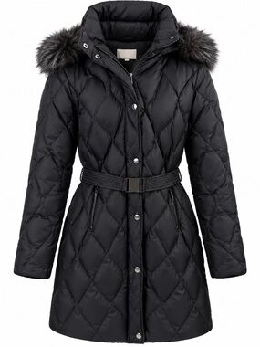 Michael Kors Black Quilted Hooded Puffer Coat with Faux Fur Trim
